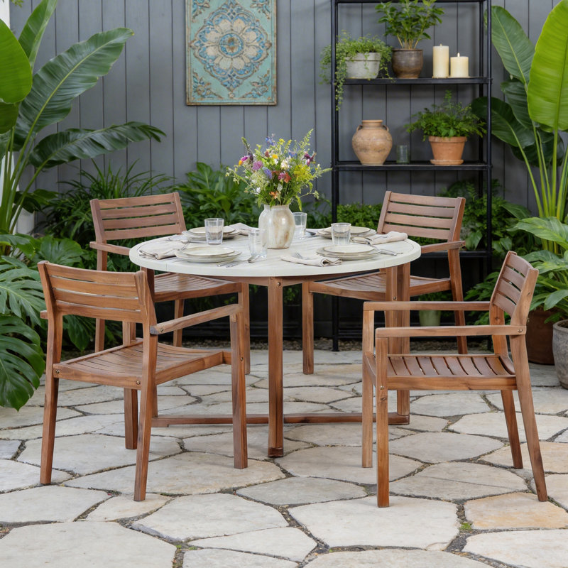 Ensemble de salle à manger pour 4 personnes en bois d'acacia avec table ronde pour patio, jardin, bord de piscine, pelouse et intérieur 
