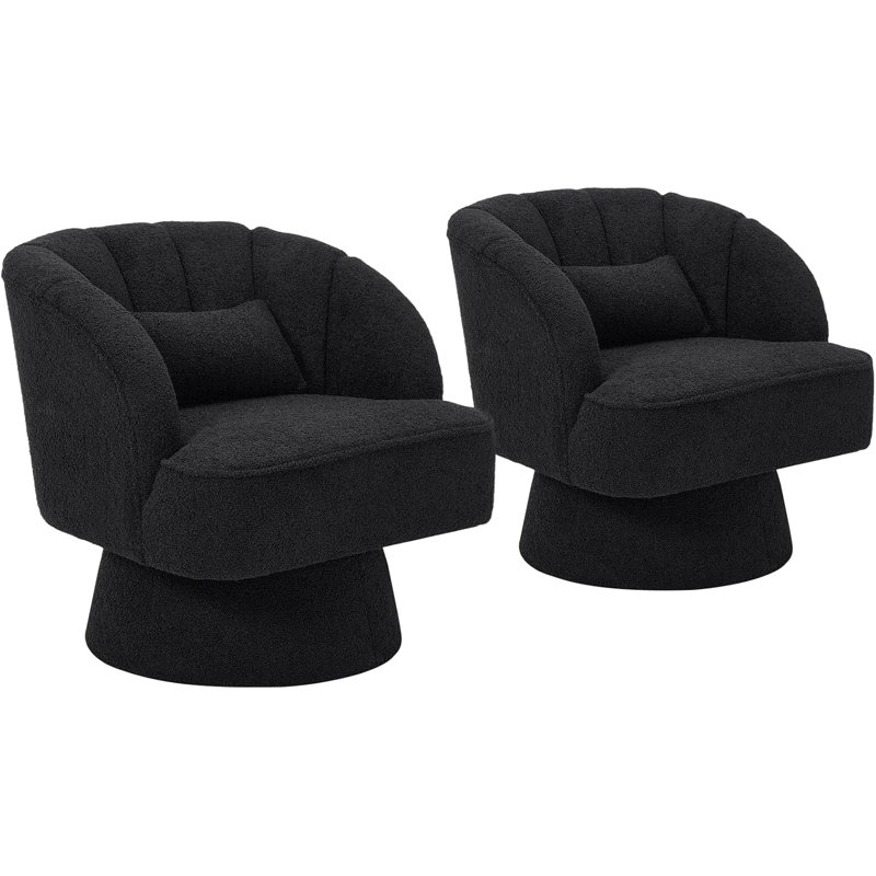 Upholstered Swivel Armchair, Black, Black Teddy