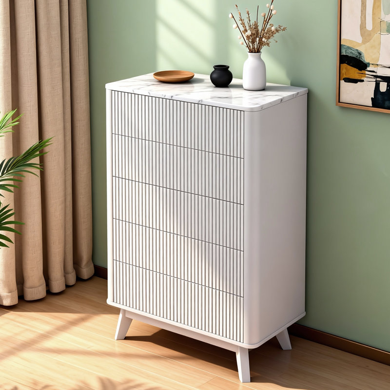 31.4"W 5-drawer Dresser, Fluted Panel of Drawers with Faux Marble Top,  for Bedroom, Living Room, Hallway, White