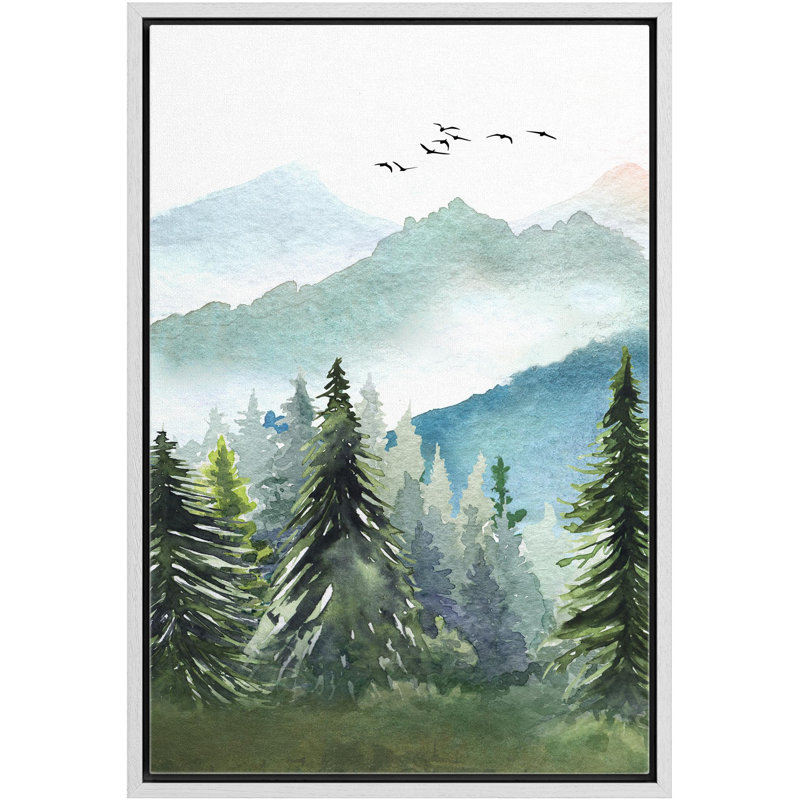 Paysage de forêt boisée «Watercolor Green Forest Tree Mountain» sur, Cadre flottant blanc, H 24 po x l 16 po