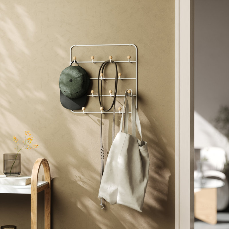 White Steel Wall Organizer with Wooden Knob Hooks