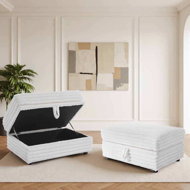Modern Upholstered Faux Fur Square Storage Ottoman(Set Of 2), Beige