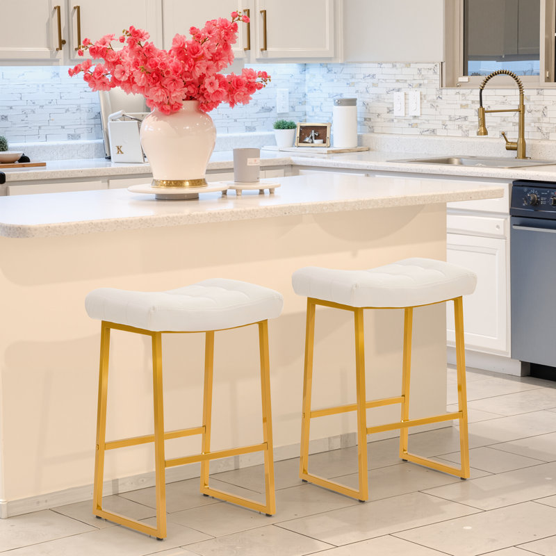 24" Modern Backless Saddle Counter Height Bar Stools With Metal Frame for Kitchen Island, White Seat/Gold Frame
