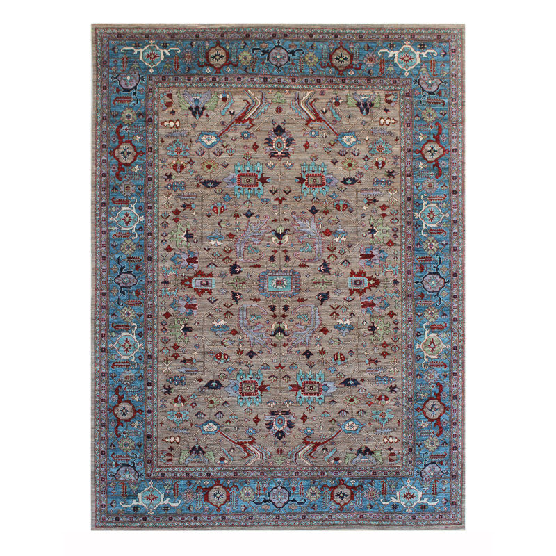 Tapis unique brun, rouge et bleu de 9 pi 1 po x 11 pi 9 po