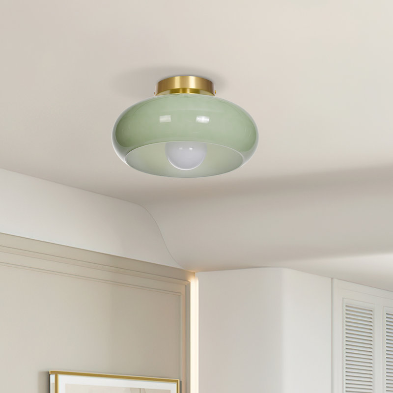 Plafonnier encastré moderne en verre vert avec base en métal doré, 3.94" H x 11.02" W x 11.02" D