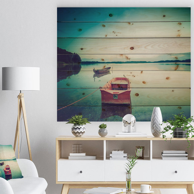 Bateau rose dans un lac rétro - reproduction de photo, H 36 po x l 46 po x P 1,5 po, Bois