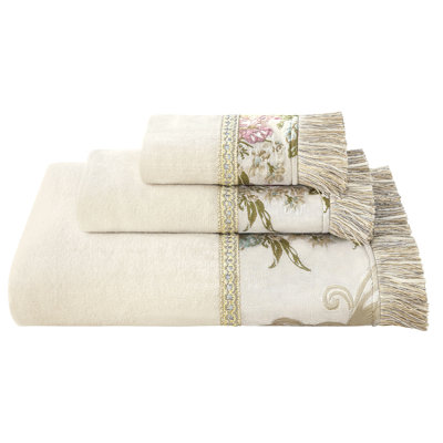 3-Piece Floral Velour Cotton Bath Towel Set, Absorbent Decorative Jacquard Towel Set