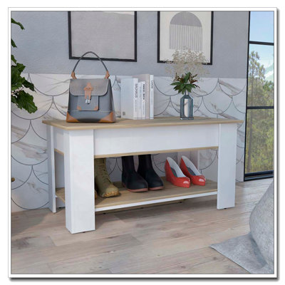 Table de rangement Austin, une tablette de table extensible, quatre pieds, tablette inférieure - chêne clair / blanc