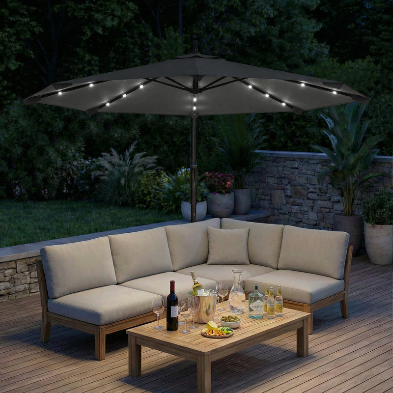 Outsunny 3 m Cantilever Parasol w/ Solar LED Lights, Wind Ropes, Black