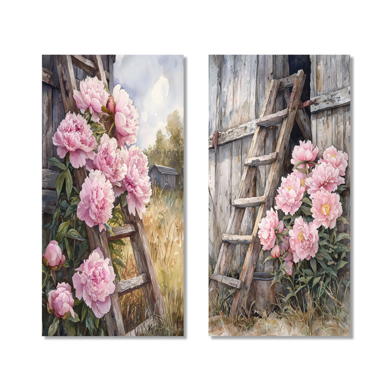 Pivoines par l'échelle de grange I - impression florale en métal 2 pièces, 32" H x 32" W