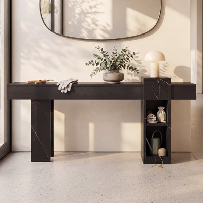 71 Inches Long Console Table with Charging Station, Thick Wooden Narrow Sofa Table Behind The Couch with Storage and Adjustable Shelves