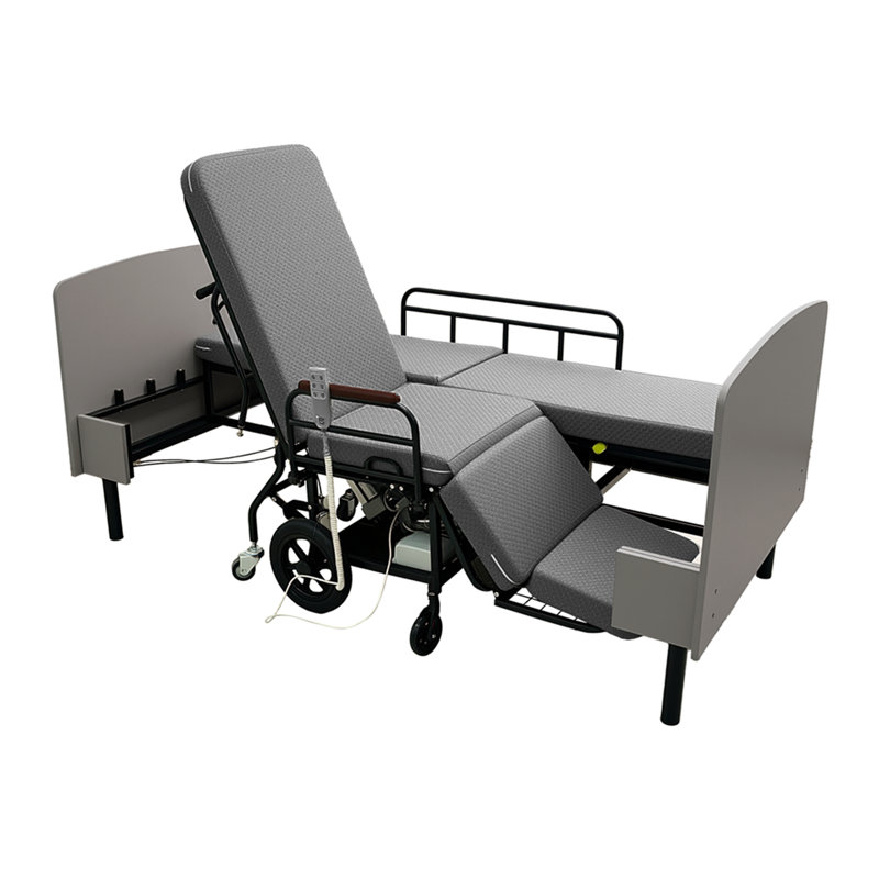 3-in-1 Electric Nursing Bed with OKIN Dual Motors, Convertible to Wheelchair & Stretcher, One-Touch Adjustment, Wired Remote Control, Safety Rails