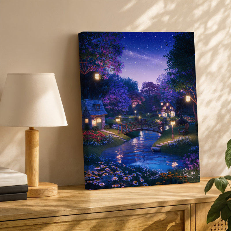 Toile, art fantaisiste de conte de fées dans une forêt vibrante au crépuscule, illuminée par une douce lumière chaude