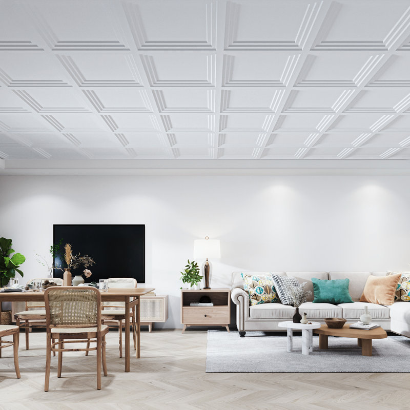 Paquet de 12 tuiles de plafond de 24 po x 24 po en PVC pour décoration intérieure, panneau de plafond imperméable pour grille suspendue (48 pieds carrés / caisse)