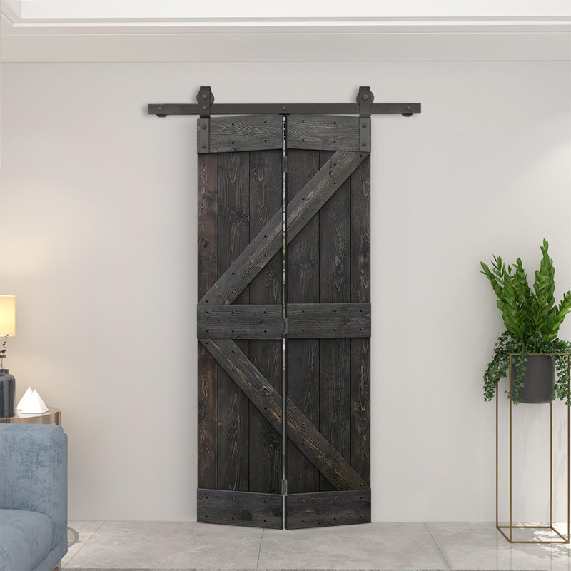 Porte de grange en bois pré-assemblée et pliante en deux parties avec quincaillerie coulissante, Noir anthracite