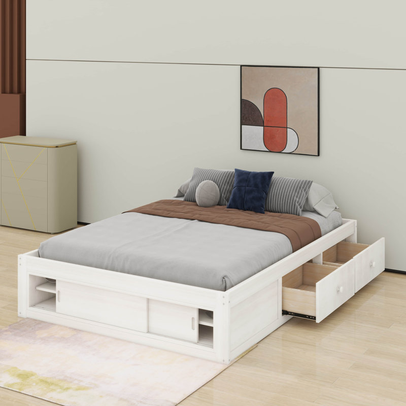 Lit plateforme moderne avec tiroirs, cadre de lit en bois avec casier de rangement au pied de lit, sans tête de lit