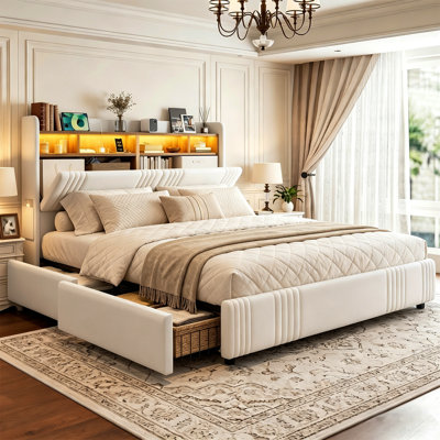49.2”Tall California King Bed Frames With Wingback Hidden Storage Headboard, Upholstered Platform Bed With 4 Storage Drawers, Led Lights & Charging Station, No Box Spring Needed, White