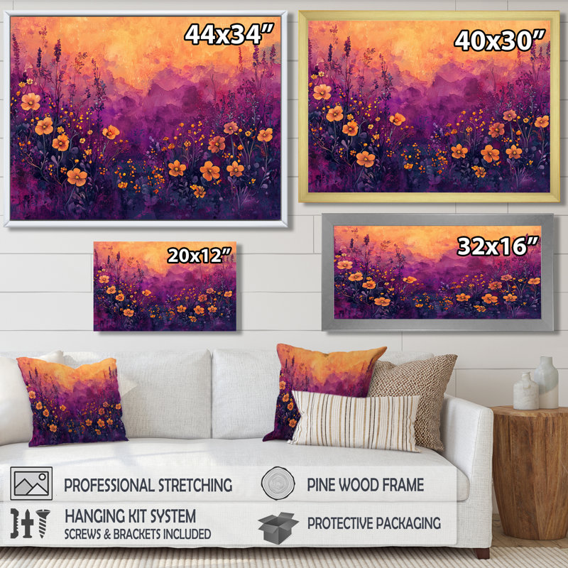 Allegro mauve fleur de minuit champ de fleurs II - Art mural de fleurs sauvages pour le salon, H 34 po x l 44 po