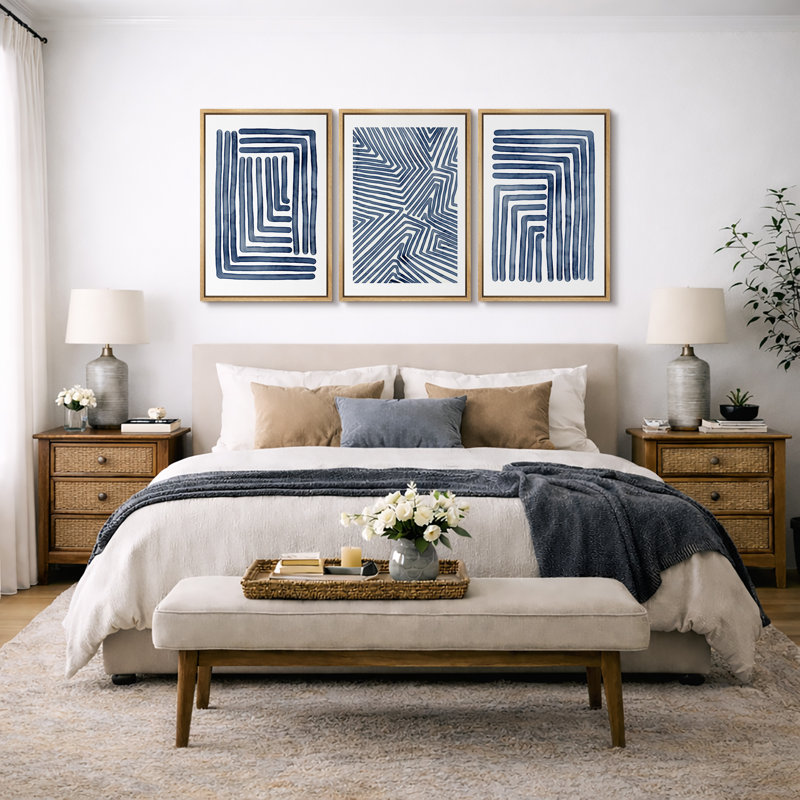 Geometric Line "Navy Blue Stripe Abstract Artwork, Simple Modern Contemporary Bedroom Wall Pictures, Large Framed Canvas Giclee Print 3 Pieces Wall Art Set"