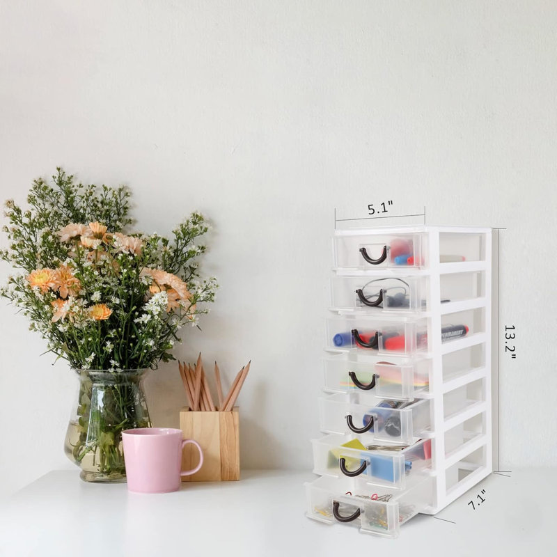 7.1"X5.1"X13.2" Mini Organizer Box Storage Container Case With 7 Clear Desktop Drawer Units,White