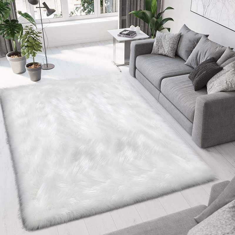 Shag Fluffy Faux Sheepskin Area Rug in White, Rectangle 5' x 8'