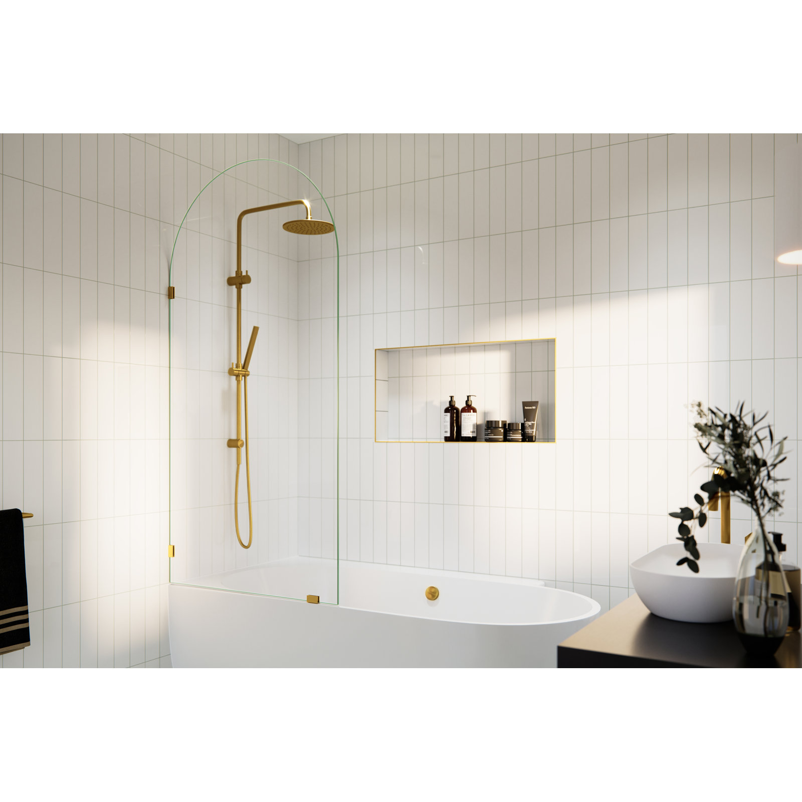Venus 34 in. x 66.75 in. Frameless Arched Single Fixed Bath Panel, Satin Brass