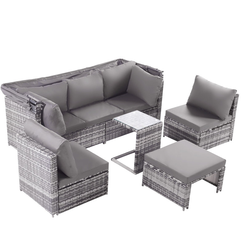 Grey Outdoor Rattan Lounge Set With Sunshade, Sofa And Table