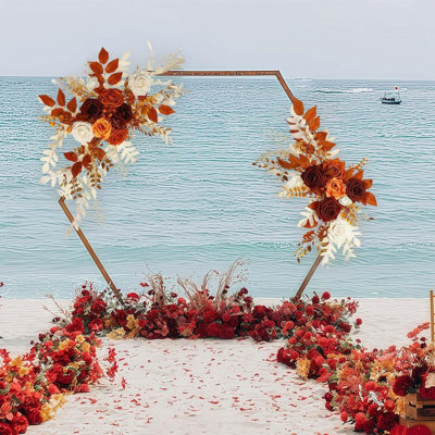 2 Pcs Fall Color Wedding Arch Flowers, Faux Rose,Peony And Eucalyptus Swag Corner Flower, Autumn Boho Welcome Sign Backdrop Floral Arrangement, For Party,Chair,Reception Decor