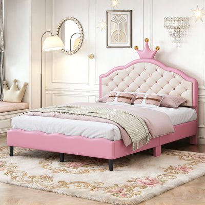 Princess Upholstered Bed Frame with Crown Tufted Headboard, Leather Platform Bed with Underbed Storage, No Box Spring Needed, Pink, Full