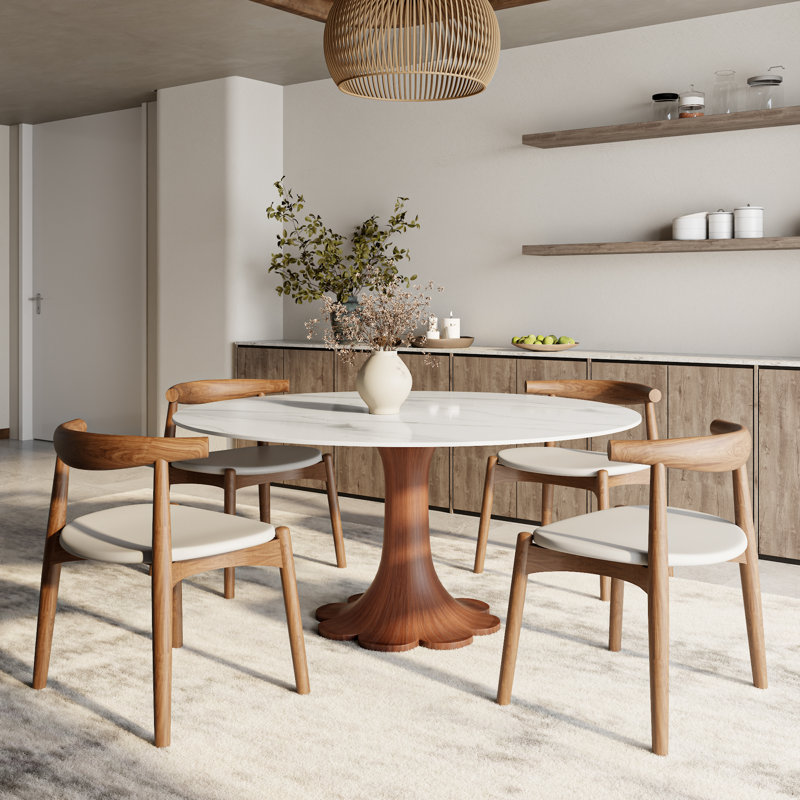 Round Stone Top Solid Wood Base Dining Table Circle Kitchen Dinner Table For 4-10, Brown, Snow, 29.52”H x 59.05”L x 59.05”W