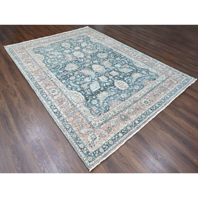 Tapis oriental bleu sarcelle 9 pi x 11 pi 10 po, motif Tabriz vieilli, patiné à zéro, velours rasé, 100% laine, noué à la main