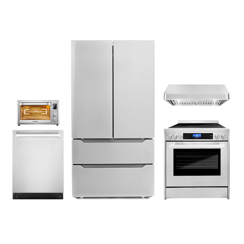 5 Piece Kitchen Package with 30 Freestanding Electric Range 30 Under Cabinet Range Hood 24 Built-in Fully Integrated Dishwasher, French Door