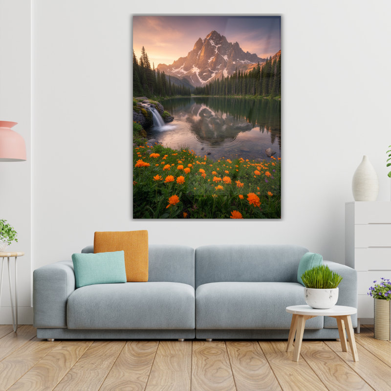 Tableau mural en verre trempé Lever du soleil sur un lac de montagne, H 40 po x l 30 po