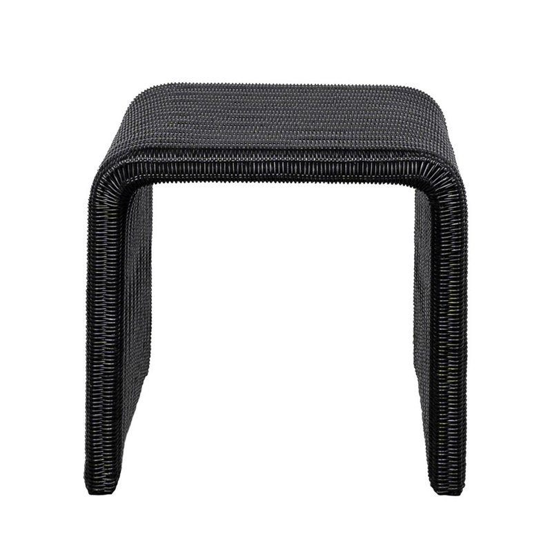 Table d'appoint carrée en tissu noir tressé, style rétro, forme en U inversé, 56 cm de large, 10,3 kg, silhouette harmonieuse.