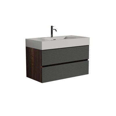Meuble-lavabo Grace en noyer avec lavabo à surface solide et tiroirs noir doux