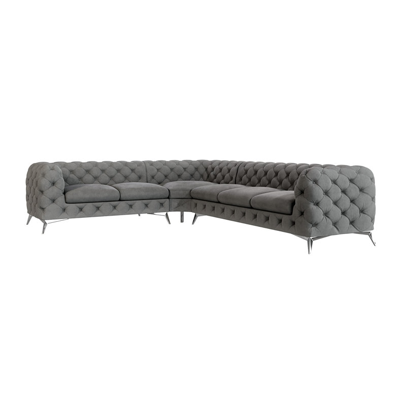 Chesterfield Corner Sofa L-Shape Bixby with Silver Metal Legs, Right Hand Facing, Grey