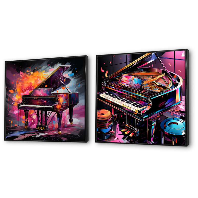 Ensemble de 2 impressions sur toile mauves d'un piano à queue I - Music Piano, Cadre flottant noir