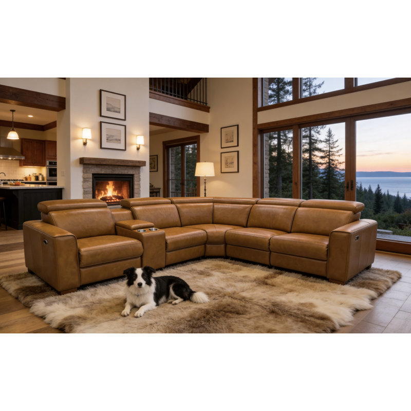 Canapé modulaire inclinable en cuir Binsbar, Cuir fleur de gingembre