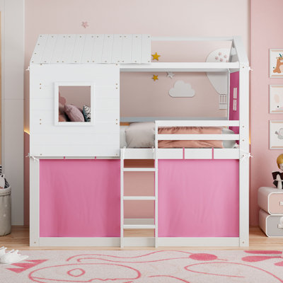 Lit simple superposé pour enfant avec tente, conception de maisonnette, bois de pin massif, espace de sommeil durable et amusant, rose et blanc