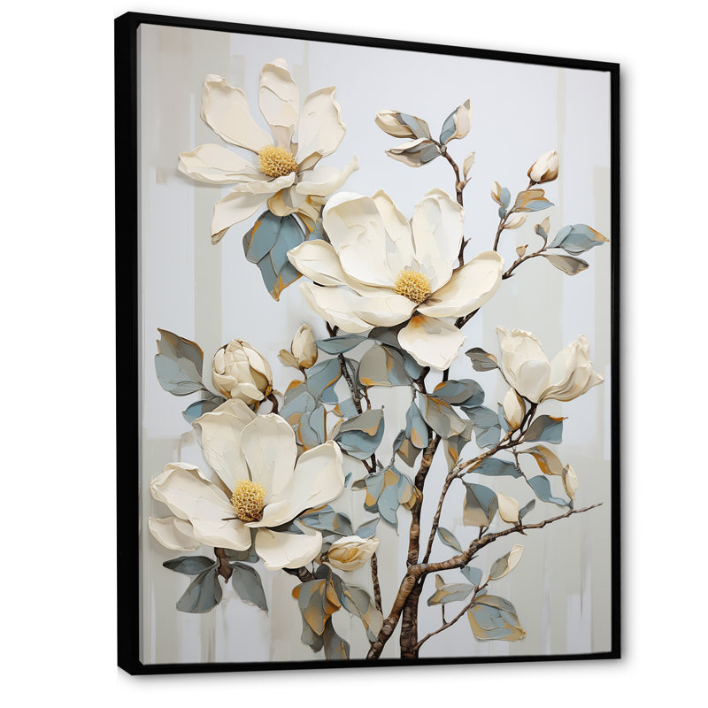 Fleurs de magnolias bleues et blanches Bloom II sur toile, Cadre flottant noir, H 44 po x l 34 po