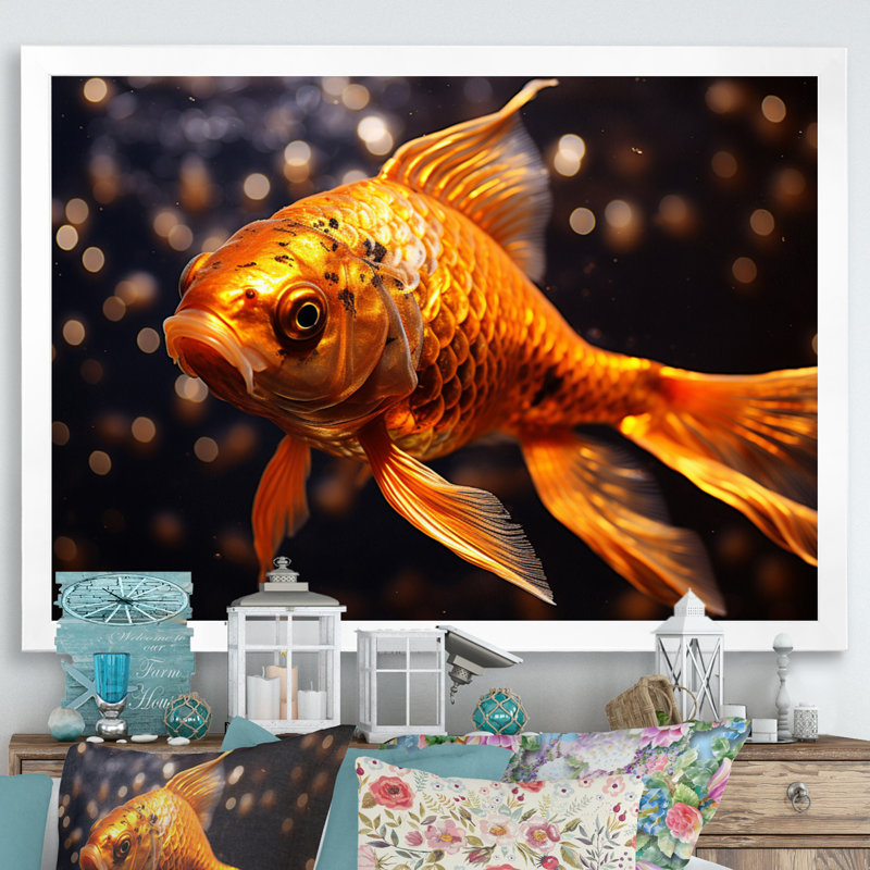 «Yellow Kois Fish Golden Majesty II», reproduction sur toile, H 30 po x l 40 po x P 1,5 po, Cadre simple blanc