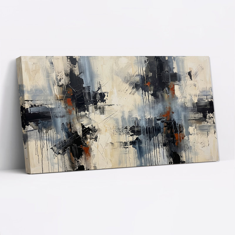 Toile abstraite abstraite noire, grise et orange, L 58 po x H 28 po