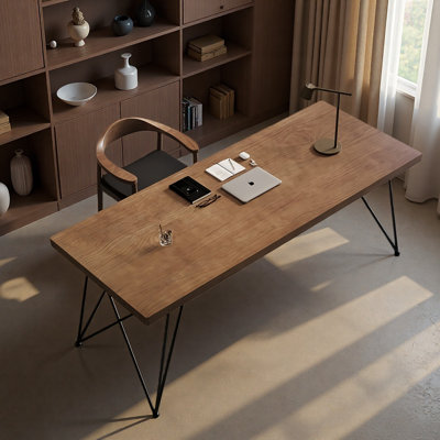 Simple Solid Wood Pine Iron Brown Desk