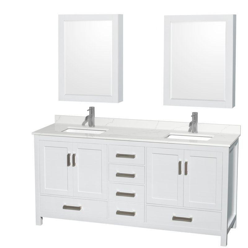 Sheffield 72" Freestanding Double Bathroom Vanity with Quartz Top with Medicine Cabinets, Chrome, Gray, Giotto Quartz