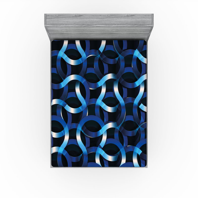 Ambesonne Dark Blue Fitted Sheet 2-Pack Curvy Modern Shapes Blue Dark Blue White, California King Sheet Set