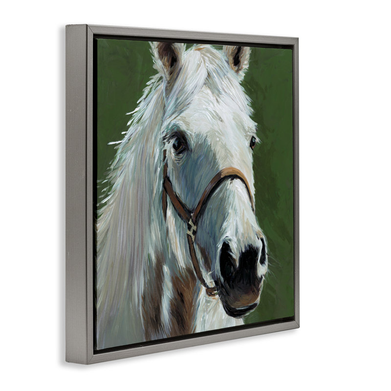 Cheval blanc sur cadre flottant vert, design par Wani Pasion, H 25 po x l 25 po, Cadre flottant gris lustré