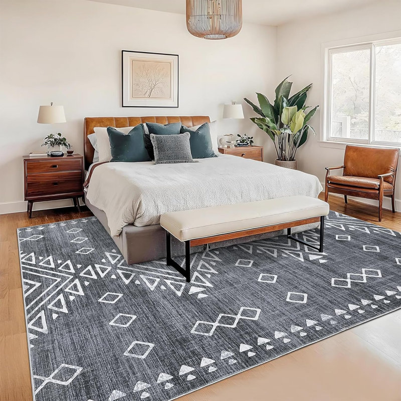 Geometric Vintage Hallway Runner Rug, Machine Washable Non-Slip Low Pile, Distressed Tribal Carpet for Entryway, Red