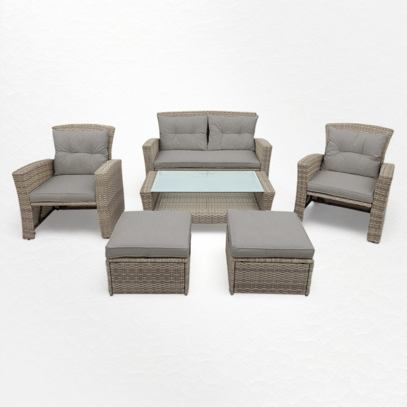 Rattan Sofa Seating Group with Cushions, 6 Pcs: Table,  Sofa,  2 Chairs, 2 Ottomans, Gray