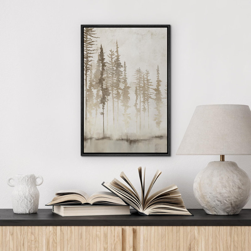 Forêt enchantée, brume sépia, arbres, art moderne, décor floral, botanique minimal, Cadre flottant noir, H 36 po x l 24 po