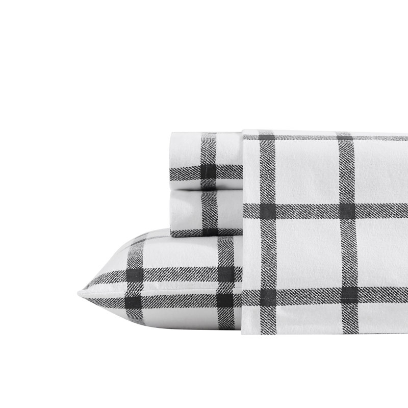 Ensemble de draps 100% coton 200 fils, Ensemble de draps pour lit simple avec 1 taie d'or, Tissu écossais Bunkhouse